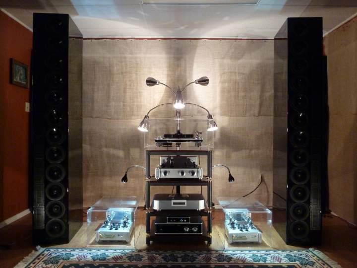 The Main System: 
Raven Silhouette Mono Blocks
Raven Silhouette Preamplifier
Raysonic 238
Hanss T20 Turntable, Preamp, & Speed Control
Black Widow Tonearm With Denon 128R Cartridge
LS-9 by GR Research (one-off/Onix)