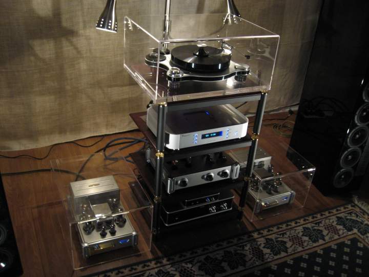 The Main System: 
Raven Silhouette Mono Blocks
Raven Silhouette Preamplifier
Raysonic 238
Hanss T20 Turntable, Preamp, & Speed Control
Black Widow Tonearm With Denon 128R Cartridge
LS-9 by GR Research (one-off/Onix)