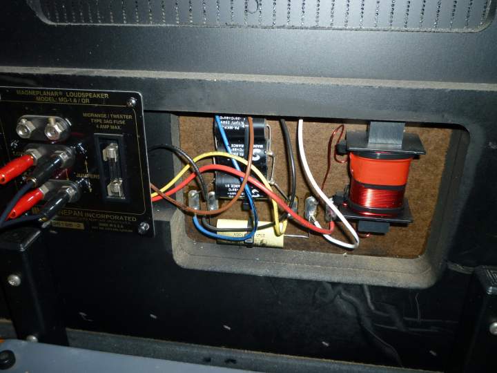 Stock MG1.6QR xover exposed... be careful to note different driver wiring order/orientation between left/right sides when disassembling and putting back together to maintain proper phasing.