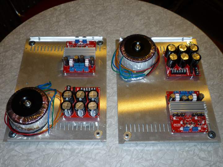 Class D Audio SDS-450 amps laid out on base plates, almost ready for wiring. 16