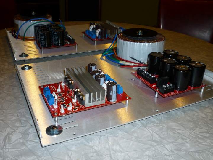 Class D Audio SDS-450 amps laid out on base plates, almost ready for wiring. 16