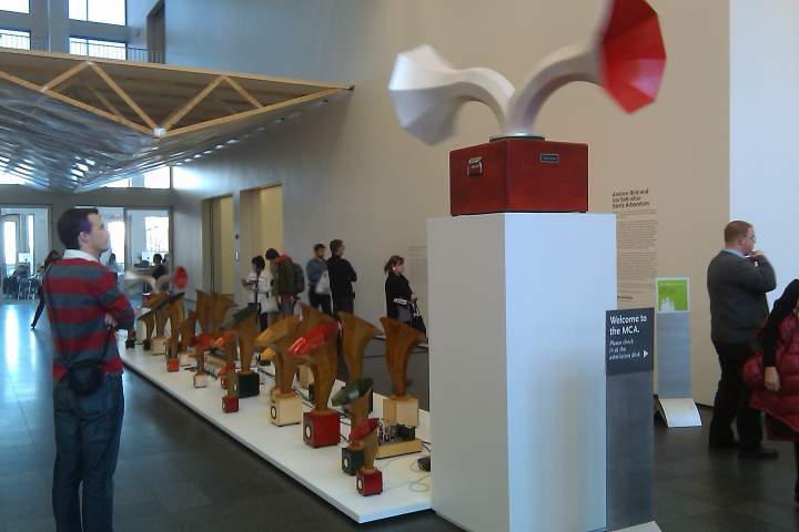 MCA Sonic Arboretum in Chicago consisting of a huge installation of horn speakers and tube amps by Specimen Products and original, constantly shifting music by Andrew Bird. Includes two big spinning double horns for a flange effect.