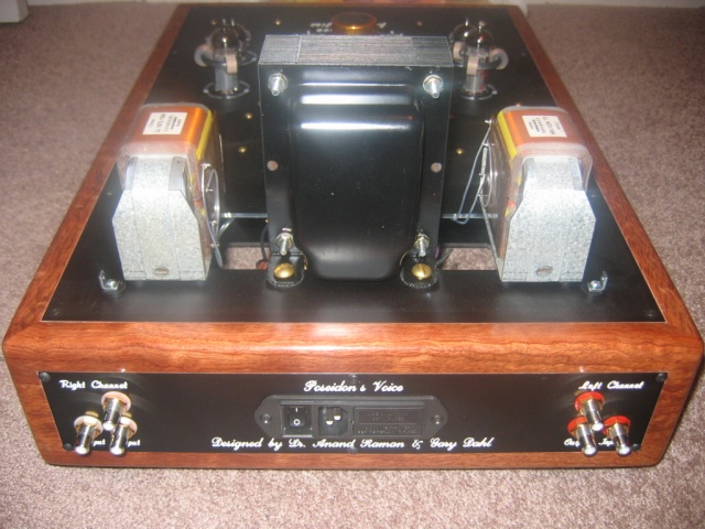 Poseidons Voice Reference preamplifier in African Bubinga (rear view w/o transformer cover)