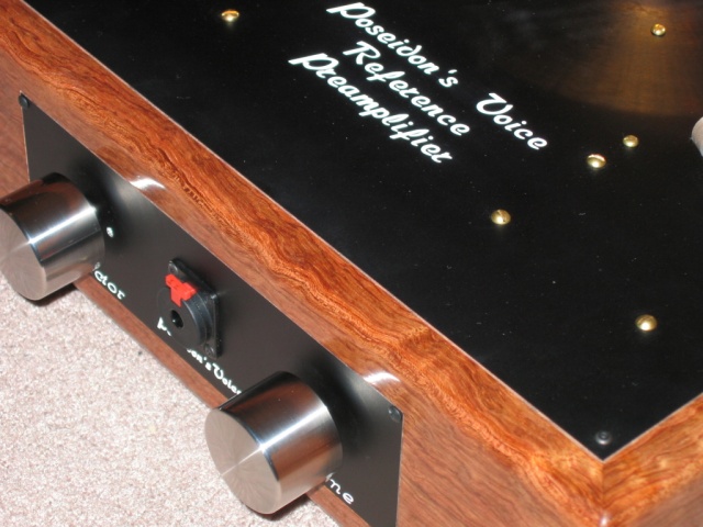 Poseidons Voice Reference preamplifier in African Bubinga (corner detail)