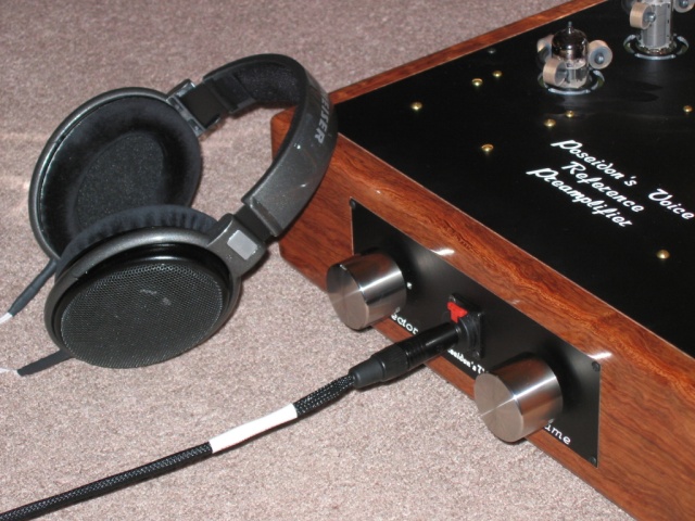 Poseidons Voice Reference preamplifier in African Bubinga (w/Sennheiser HD650 headphones)