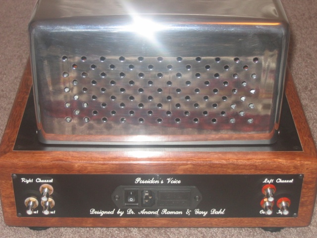 Poseidons Voice Reference preamplifier in African Bubinga (rear view w/transformer cover)