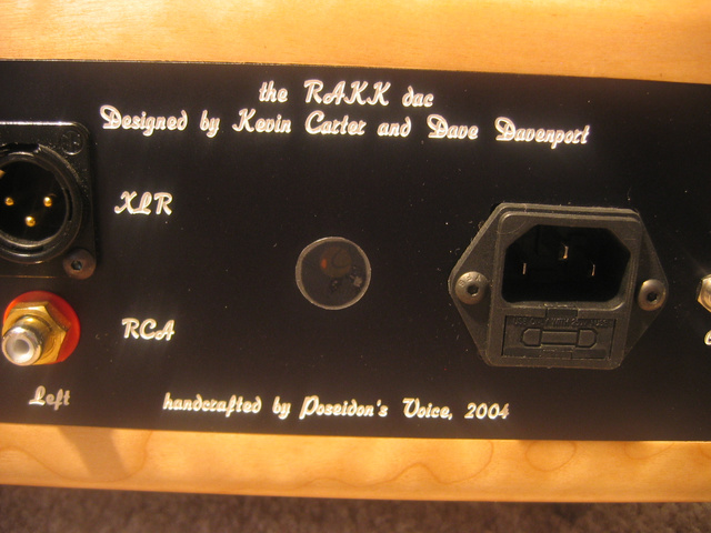 Poseidons Voice RAKK dac-rear view in quilted maple, filtered IEC jack