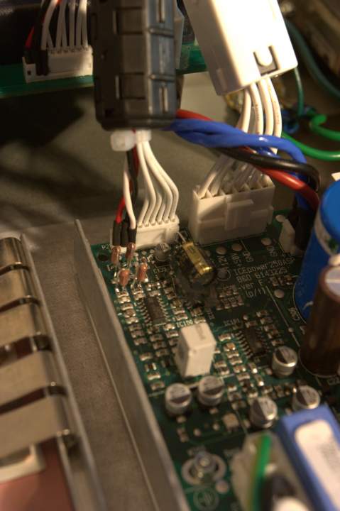 PS-Audio GCC-100 integrated amp with Rick Cullen Level II Signature Mods showing Kimber multistrand OFC signal wiring and mods to ICEPower amp modules (several resistors with Dale RN-55 copper leads and Muse audio caps added).