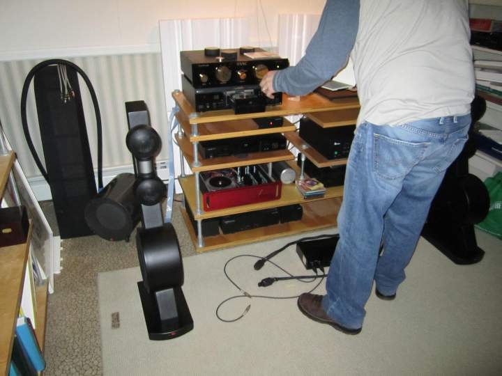 The listening system with Oppo Blu-ray player, VAC preamp (Mike's), Cherry ULTRA amp (cover removed, old faceplate version).