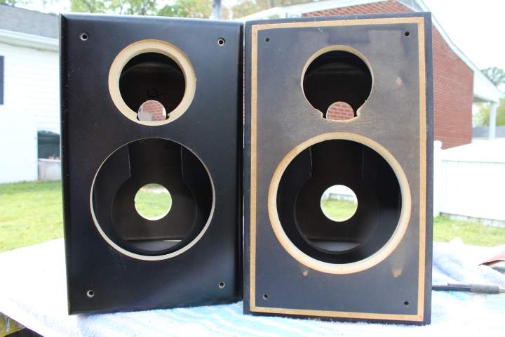 Picture showing holes cut for in front baffle for woofer and tweeter. Also, picture showing bac side of woofer hole with 3/8