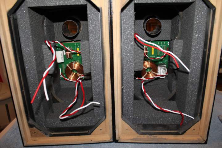 Picture showing crossovers and No-Rez installed inside the cabinets.