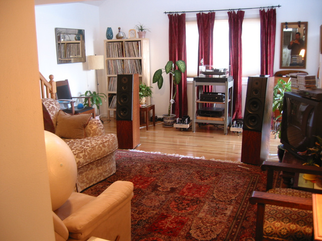 View from kitchen. First reflection points are staircase railing on left, and TV on right. Dealt with by moving floor- standing acoustic panels into place for listening.