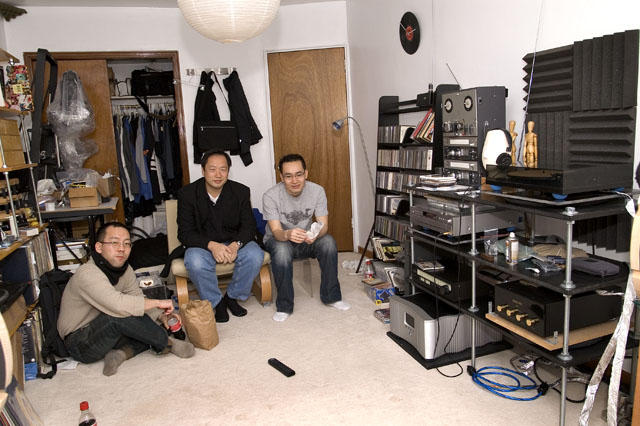 (l-r) Paul (aka Bemopti 123), Phil (Phil NYC), Scott (scottielee) First 3 NY Ravers to see and hear my system in the room.