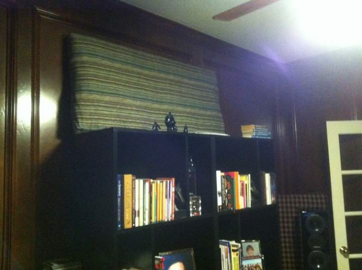 One more panel above bookcase on first reflection point (kind of high, i know) to the left of the the listening chair