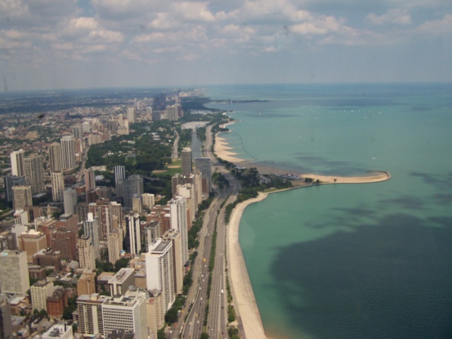 Lake Shore Drive (LSD) in Chicago taken from the 95th floor of the Hancock building (restaurant). Southern view.