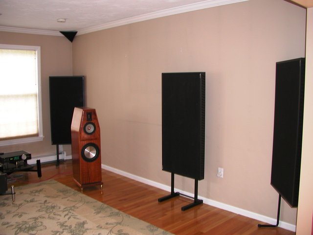 Right side of room showing both older and newer stand design for Realtrap's Minitrap.