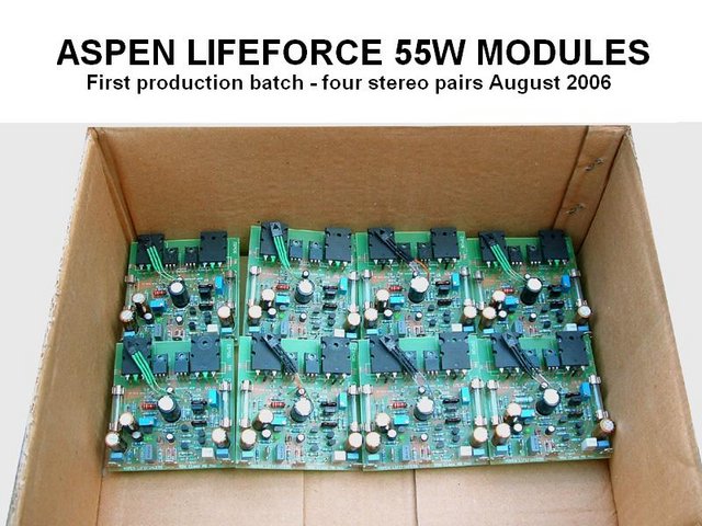 This is the second production run of four pairs of Aspen Lifeforce 55W modules.
Modules have been cleaned, tested, lacquered and biased ready for despatch.