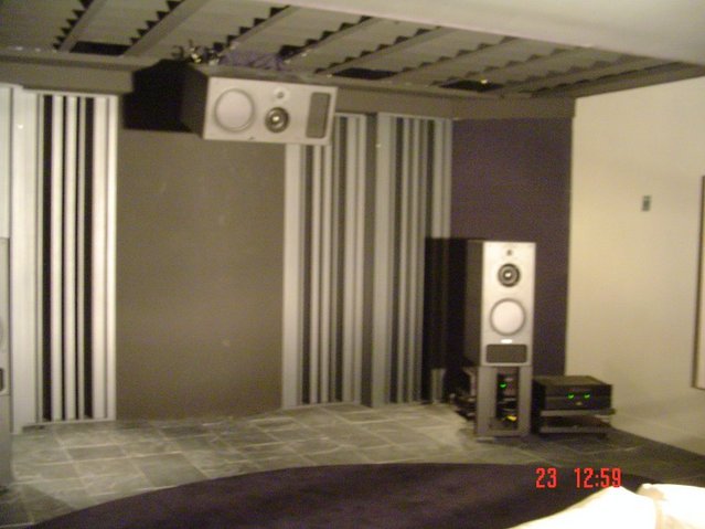 front of the room - Remove screen when listing to music. Speakers are IB2's and tri powered with Bryston 7BSST's/4BSST's