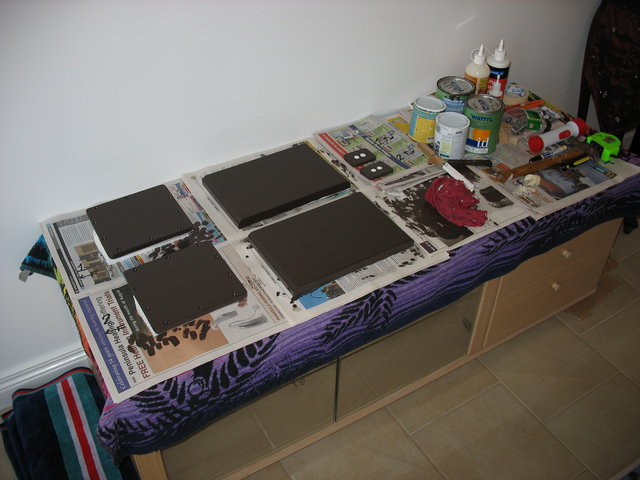 SSR WIP2 - From left: the two XO trapdoors that fit into the bottom of the speakers, two 1" thick MDF plinths to screw onto the top plates of the stands (to provide wider support and optimal speaker height), the two small binding post trapdoors that fit into the back of the boxes.