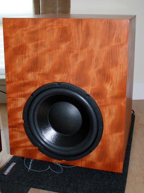 DIY subwoofer - My first attempt at veneering! A DIY sealed box sub made with the Adire Shiva 12" driver according to Adire's whitepaper recommendations, veneered with Bubinga wood. I made a stereo pair to fill in the low end.