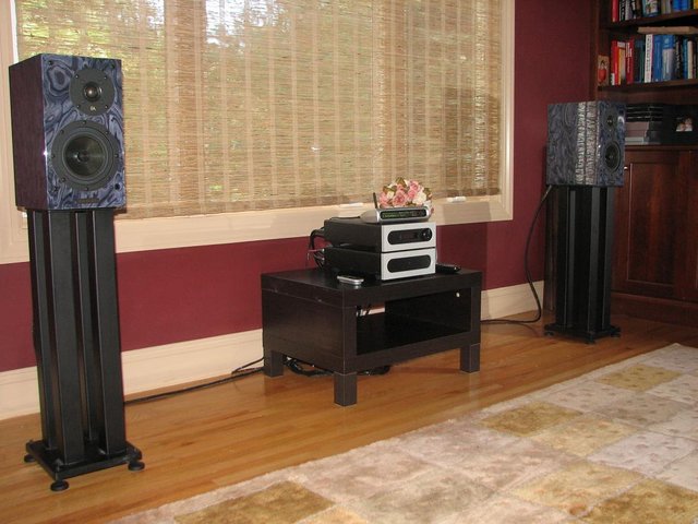Den System - Slim Devices Squeezebox 2 Network Music Server
Bel Canto Pre3 preamp
Bel Canto S300 stereo amplfier - Class D (ICEPower, 150wpc into 8ohms)
Blue Circle Music Bar power filter
Focus Audio FS-68SE speakers
Audience Maestro interconnects and speaker cables
Ikea Lack table