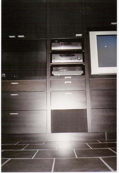 Custom A/V wall unit - Example of our custom work, Maple finished in charcoal tinted lacquer.