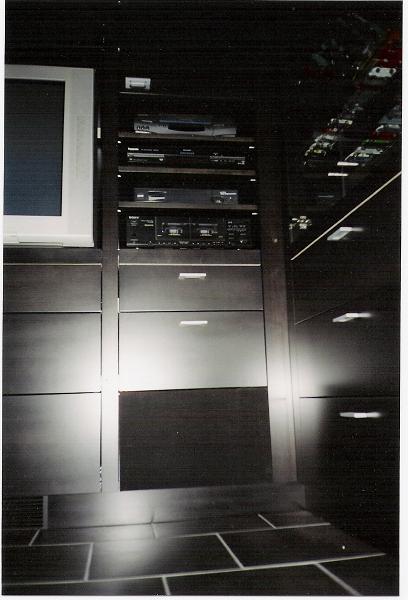 Custom A/V wall unit - An example of our custom work, Maple in charcoal tinted lacquer.