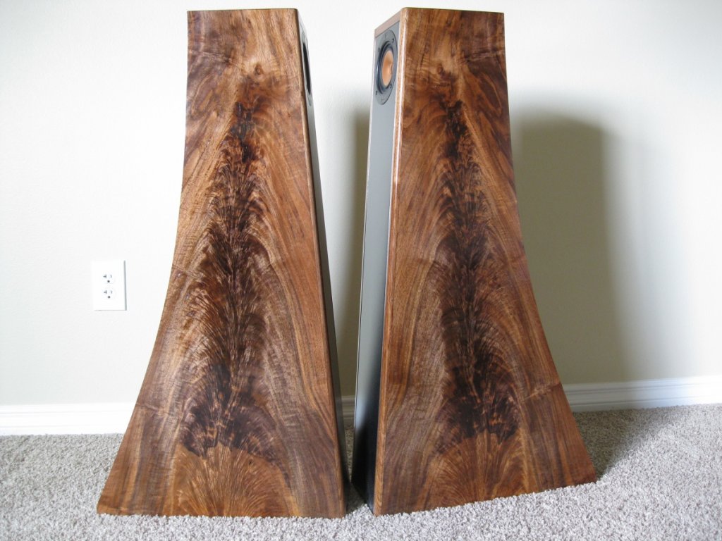 Frugal Horns finished with laminated walnut crotch veneer, book-matched.
