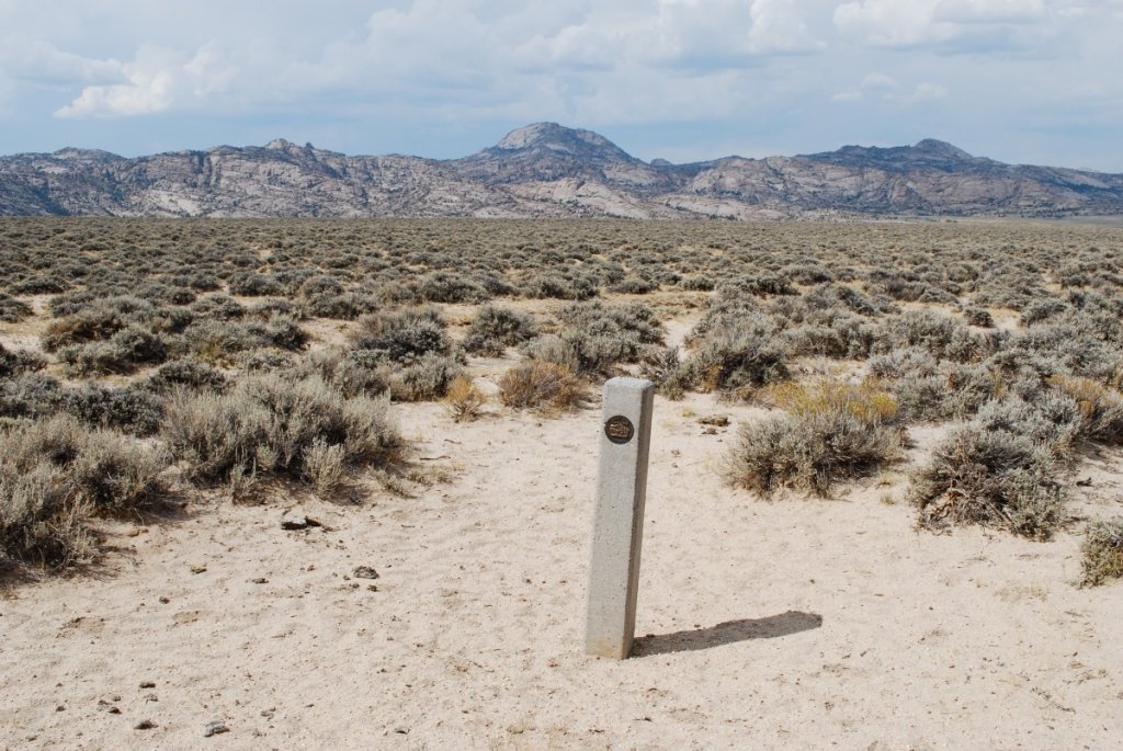 Post marks the route of the Oregon Trail near the Sweetwater River in Wyoming.