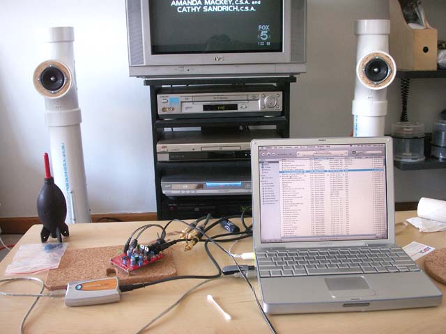 Testing time. Using my Apple PowerBook G4. Musics came off iTune encoded with "Apple Lossless Compression" feeding M-Audio T M-Groove (same as Transit) with the M-Audio optical out feeding the DAC. The optical input is tested with my old Rotel CDP and Cable box. The DAC is powered via a cheap 1.5 amp multi-voltage adapter.