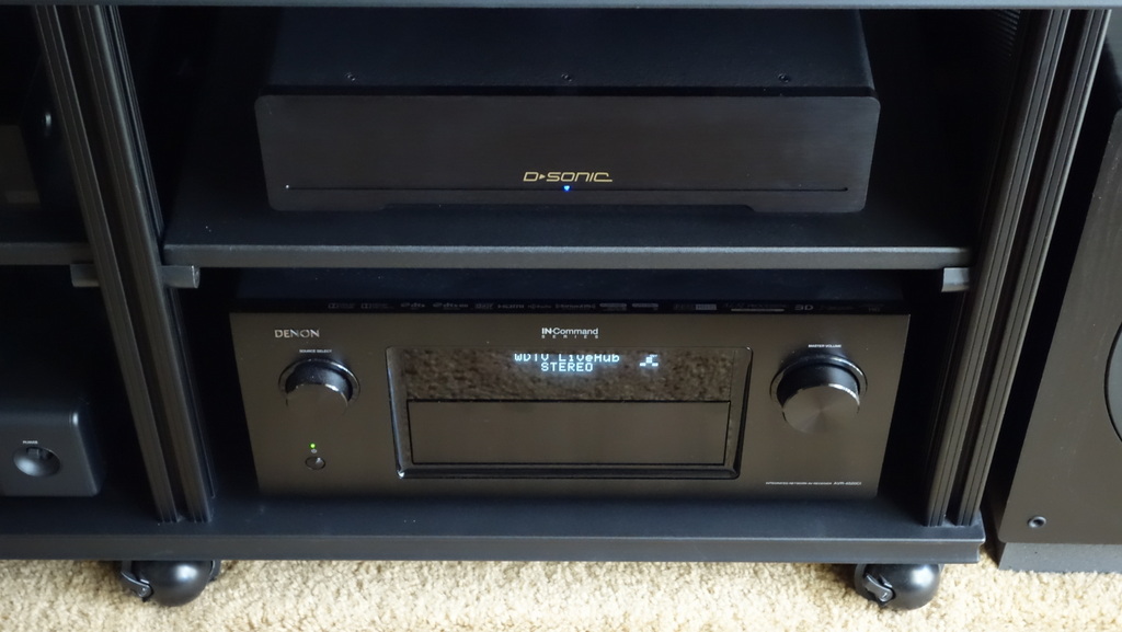 D-Sonic M2-800S Class D stereo power amplifier & Denon AVR-4520CI receiver/preamp. And a WDTV Live Hub tucked in there.
