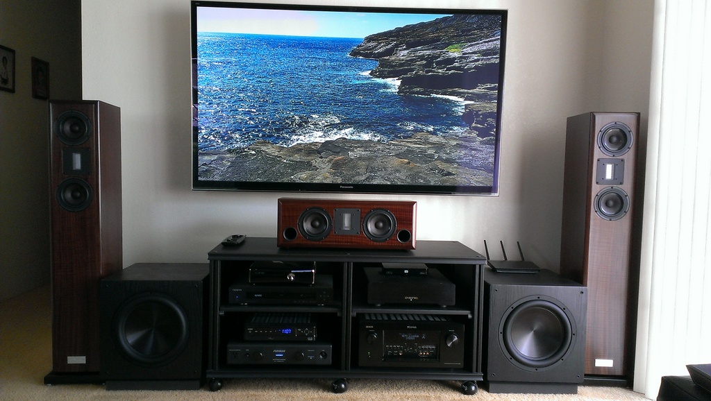 Shot of the HT circa June 2013. That's a Panny P65VT50 plasma HDTV.