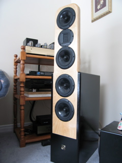 GR Research OB 5 Front and Gear Rack - I pull the speakers out about 1 foot. I have the speakers about 12' apart and there is an opening to the dining room just to the right of the picture. These leaves about 14 feet behind the speakers. That whole room is filled with music. The amp on top of the stand is the amazing Mcalister SE 44. One of the best amps I have ever heard. A stunner.