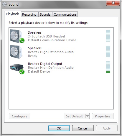 Windows 7 Sound - Playback tab