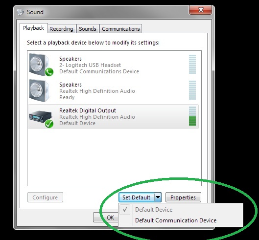 Windows 7 Sound - Playback tab - Set Default