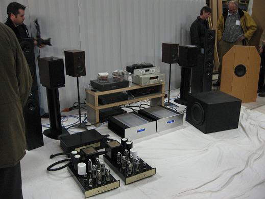 Toronto Area Audio Society - Close up of the set up.
Featured speakers were, (from out side) Visaton B200 open baffles, GR Research OB 5's, Von Schweikert VR1's , Totem Model 1's. GR Research PR sub.