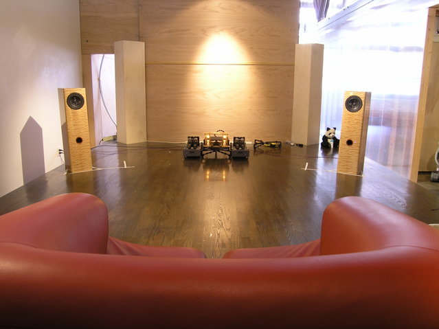 A View from the Listening Chair - Facing the slightly curved front wall of the listening stage in our loft office, Berning Seigfried active, Manley 300B's dark.
