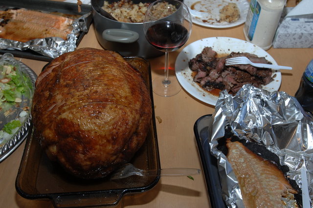 Ham, Steak, Grilled Salmon, Grilled Steak, Salad, Wine...good friends. Got that too. What else do we need? Audio!