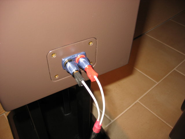 Binding Posts - Eichmann CablePods - gold coated copper posts with minimum of metal in the signal path. Posts are mounted onto mini trapdoors that provide access to the separate crossover cavity in the bottom of the box.