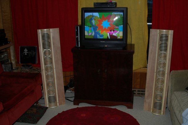 KLH OB Line Arrays - Eight 4.5 inch FR KLH drivers per side; still hunting for more so I can make them floor to ceiling; Ratshack Dual Radial horn tweeters and KLH model 6 woofers fill in the extreme frequencies : )