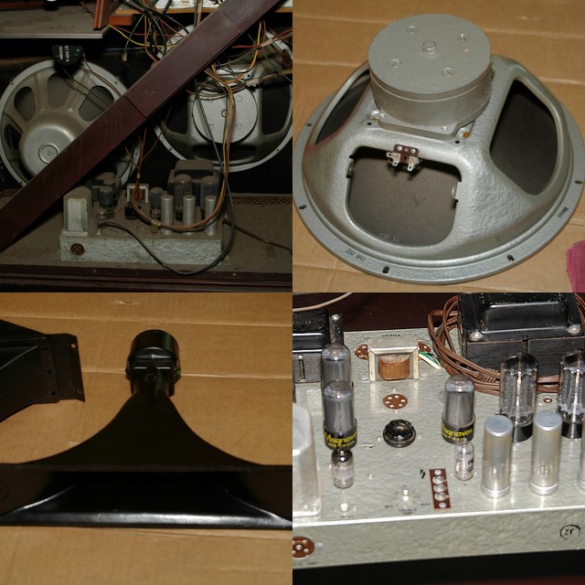 1957 Magnavox 'pre-concert grande' montage - this console has 2 Electrovoice HF horns, two (mismatched?) 15 inch woofers - notice the one pictured has the 40's style field coil frame and HUGE motor structure. Also, two 150 Dual Channel amps.