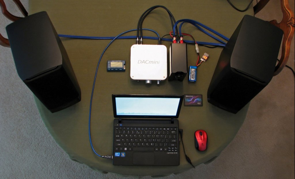 WAV on SD cards > Windows 7 > Foobar 2000 WASAPI event mode > USB > Moon Audio Blue Dragon USB cable > CEntrance DACmini CX Line Out > Emotiva RCA interconnects > TBI Millenia MG3 > Knu Konceptz Kord 10-AWG 462-strand OFC > Definitive Technology SM45 monitors (with the MG3 powered by a four-cell 1000 mAh LiPo pack that produces 16.8V at full charge, requiring recharge at 12.0V)