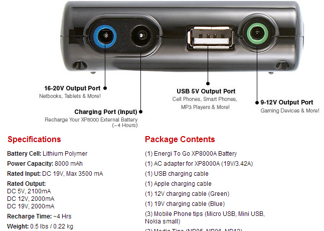 Energizer XP8000A Li-Ion Battery Specifications