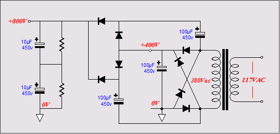 John Broskie's Voltage Doubler circuit - Unfortunately I could not find the article I copied this from, in order to do a direct link. This is meant to show an example of stacking caps to half the voltage seen by each in a PSU. Credit is all Mr.Broskie's.