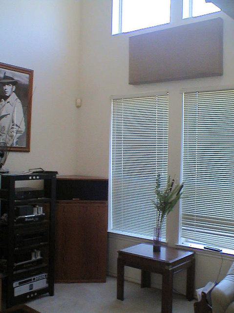 Windows on right side of room. Limited options for treatment. - 2'X 4'X 4" acoustic panel ~10 high. Room is 18' tall.