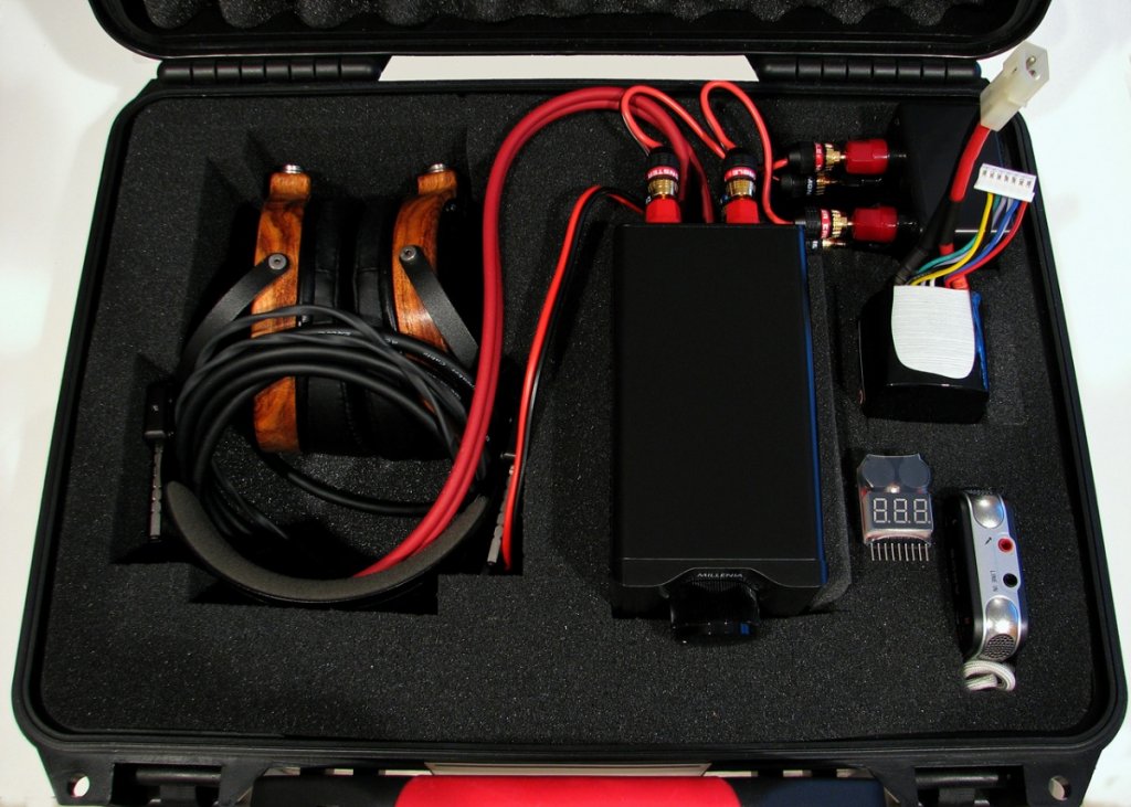 Sony PCM-M10 > TBI_Audio Millenia MG3 on 24V LiPo > TBI Impedance Match > Audeze LCD-2 rev1, in an HPRC 2400F Case