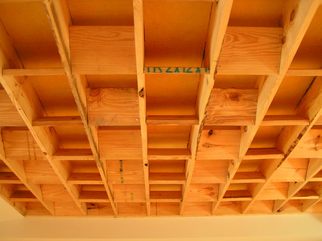 Ceiling treatment - only half as many 'slots' shown as are in finished, fabric covered ceiling.