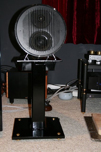Marble 9 on custom made piano black stand with custom designed brass cone feet for vibration Isolation - The end result of these stands is stuning bass improvement. Improved 3D Image and more air surrounding each instruement with wider saparation of each others.