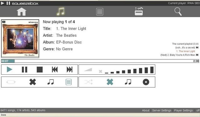 My Nokia 770 skin for Now Showing (Squeezebox 3) - This is the default Nokia 770 skin, when in the Now Showing screen. It shows my album art (Beatles EP Bonus Disc in this case)