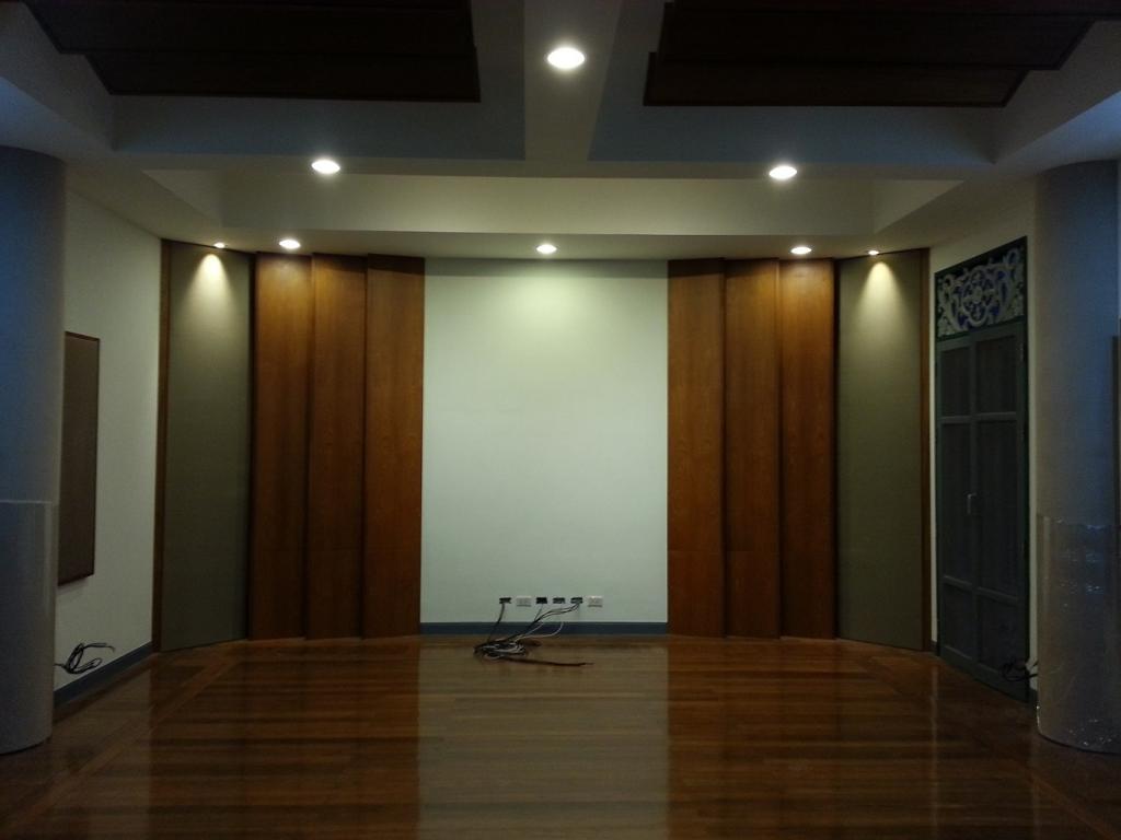 Front wall with lights on.